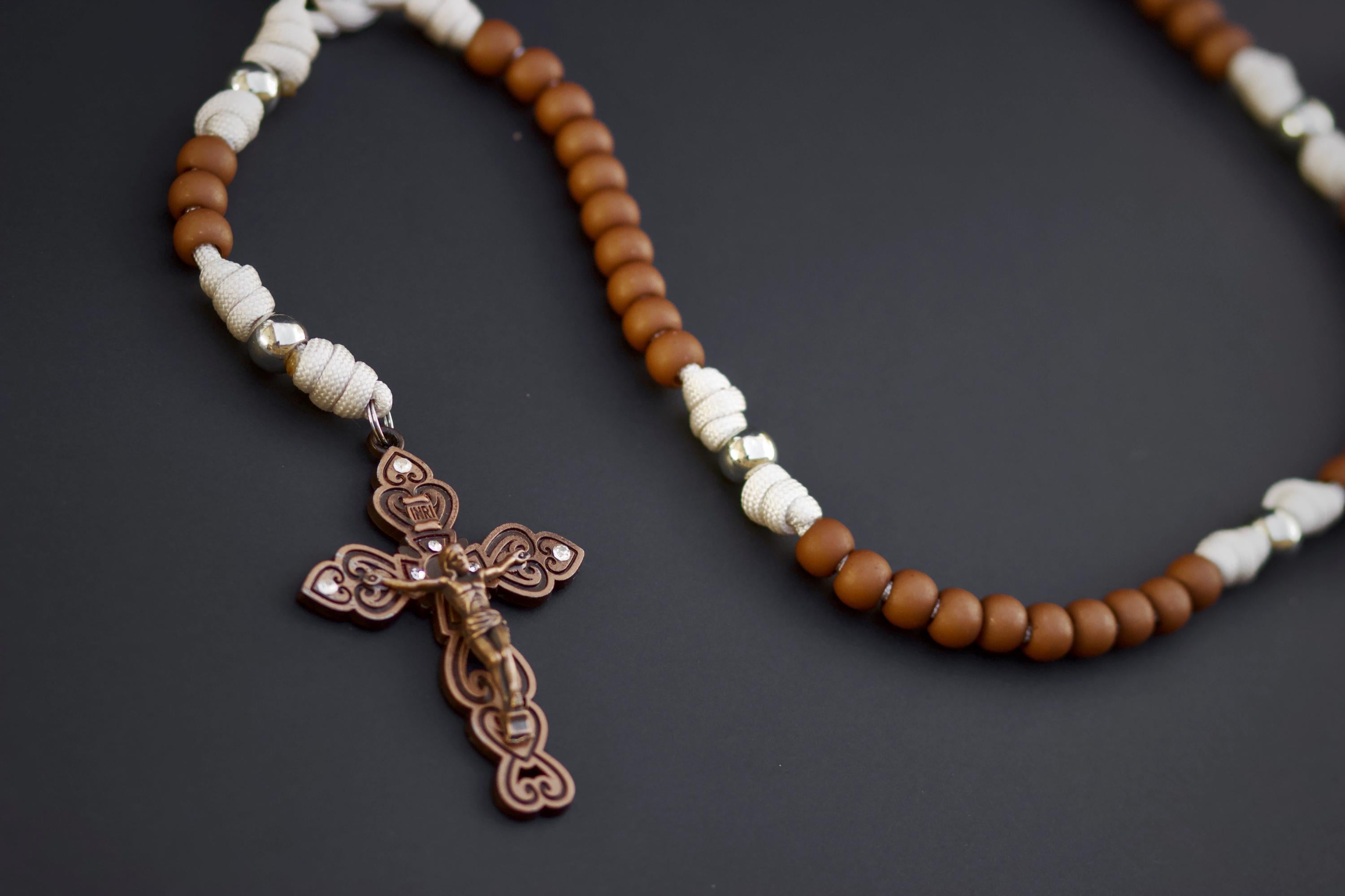 St. Kateri Rosary | Cream and Brown Paracord Rosary | Handmade, Durable Catholic Devotional